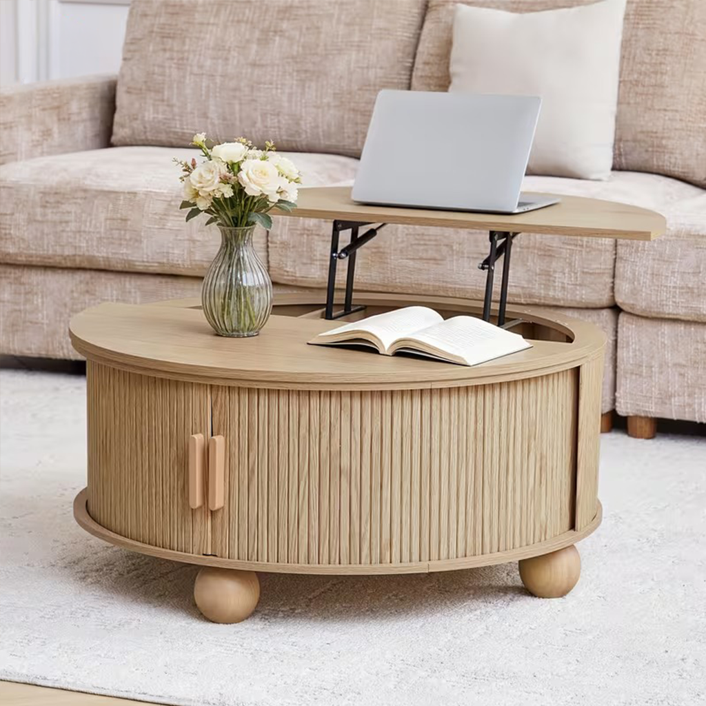 Boho Round Lift Top Coffee Table With Tambour Door And Hidden Storage For Living Room