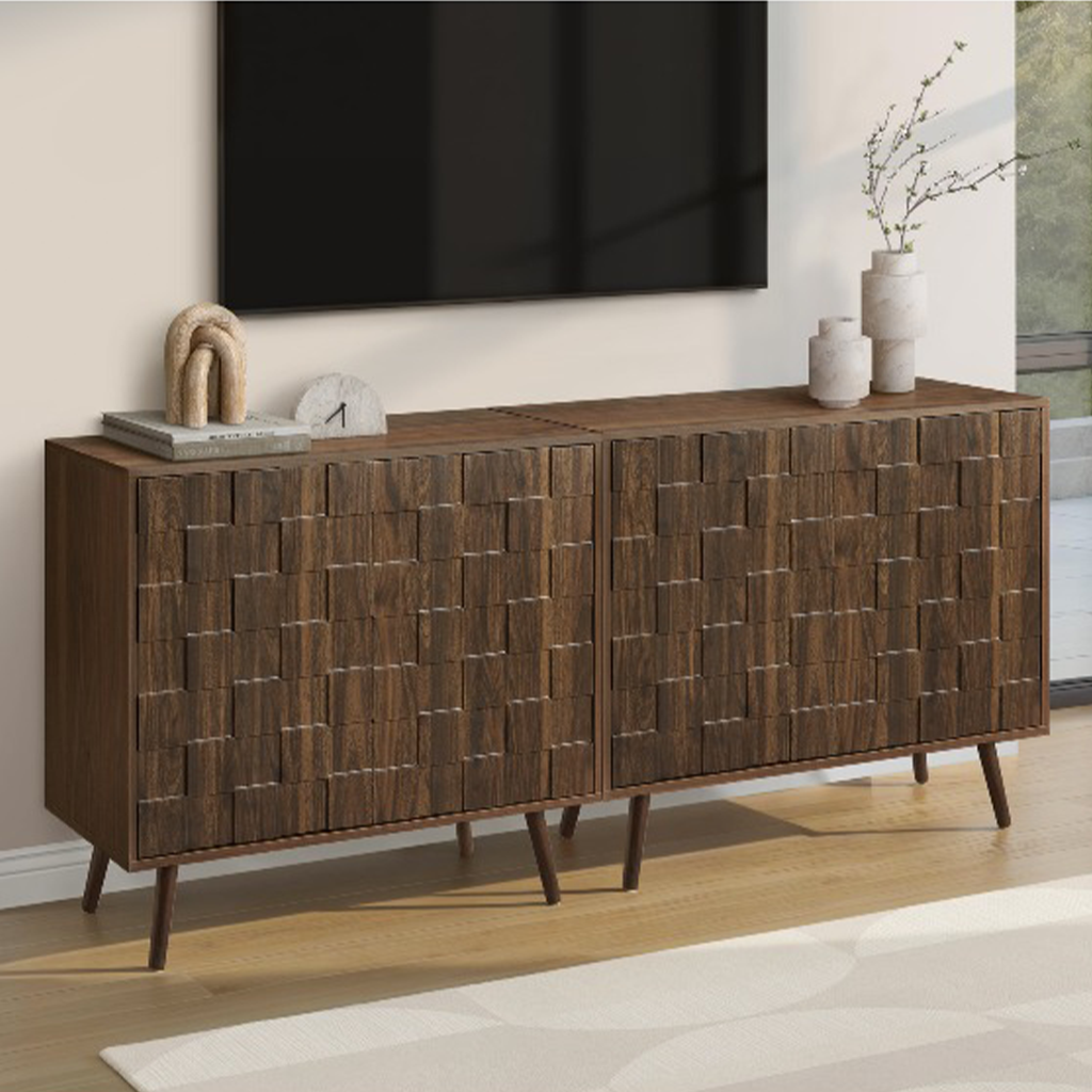 Classic Accent Storage Cabinet With Geometric Fluted Doors And Adjustable Shelf For Living Room
