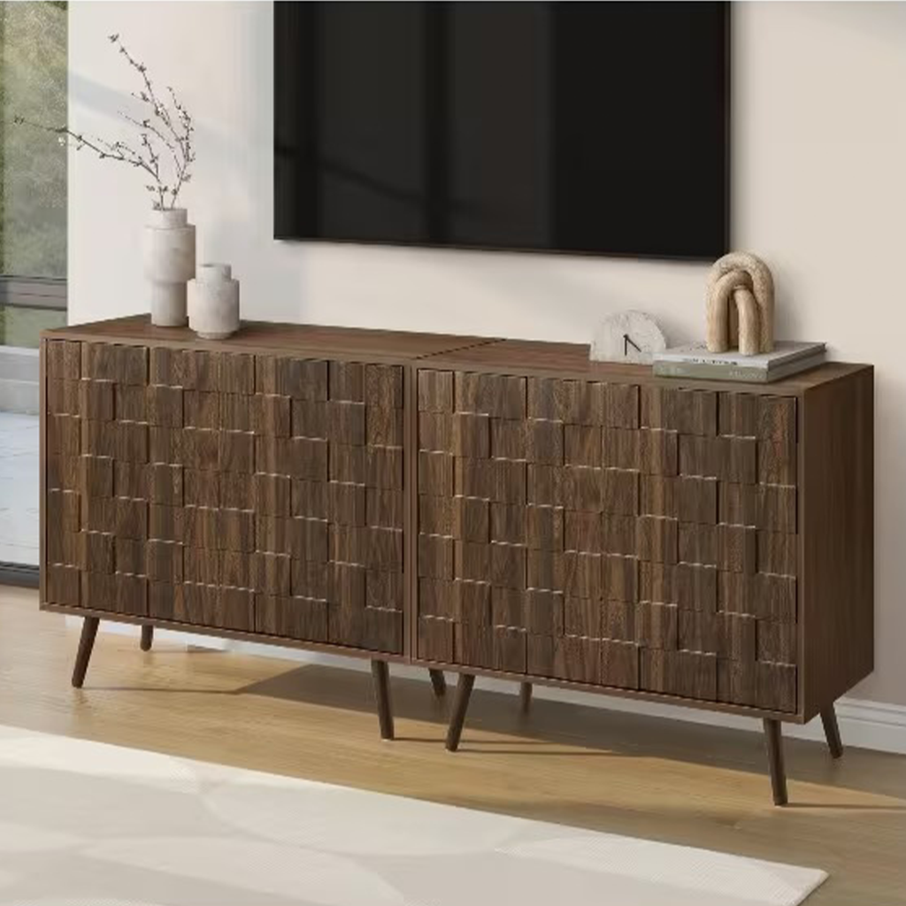 Classic Accent Storage Cabinet With Geometric Fluted Doors And Adjustable Shelf For Living Room