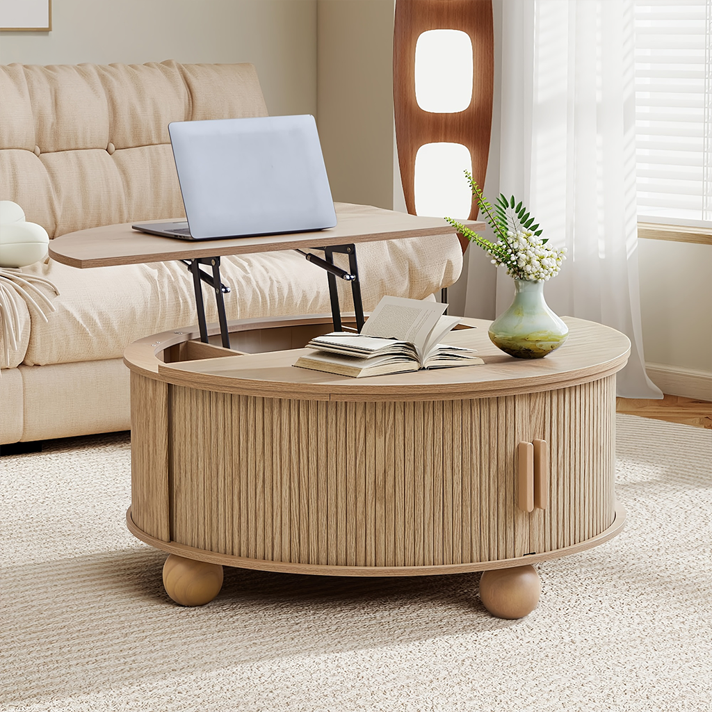 Boho Round Lift Top Coffee Table With Tambour Door And Hidden Storage For Living Room