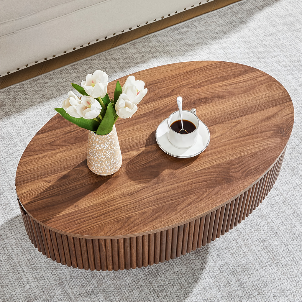 Mid Century Oval Coffee Table With Flip Top Hidden Storage And Fluted Base For Living Room