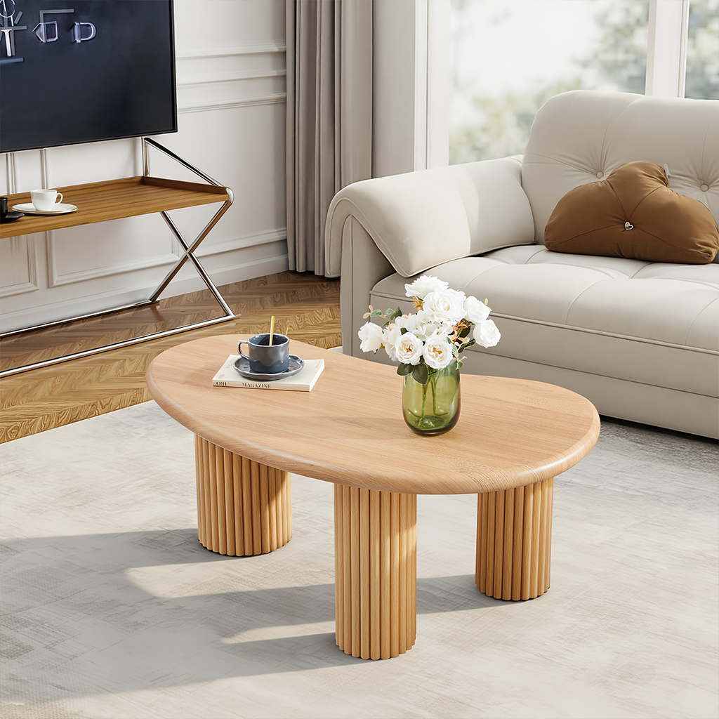 Modern Coffee Table With Rounded Tabletop And Fluted Legs For Living Room
