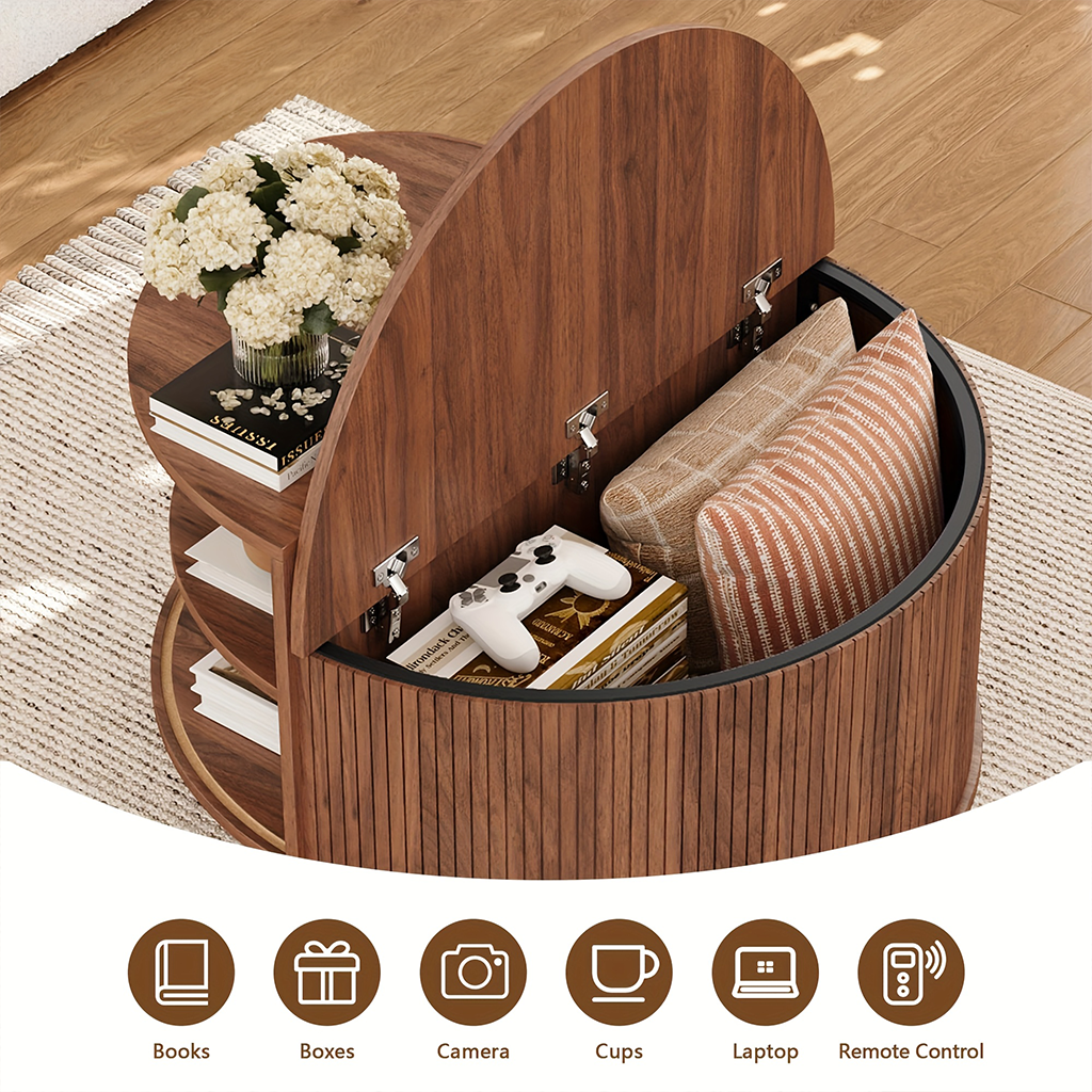 Modern Round Coffee Table With Flip Top Storage And Sliding Door Compartment For Living Room