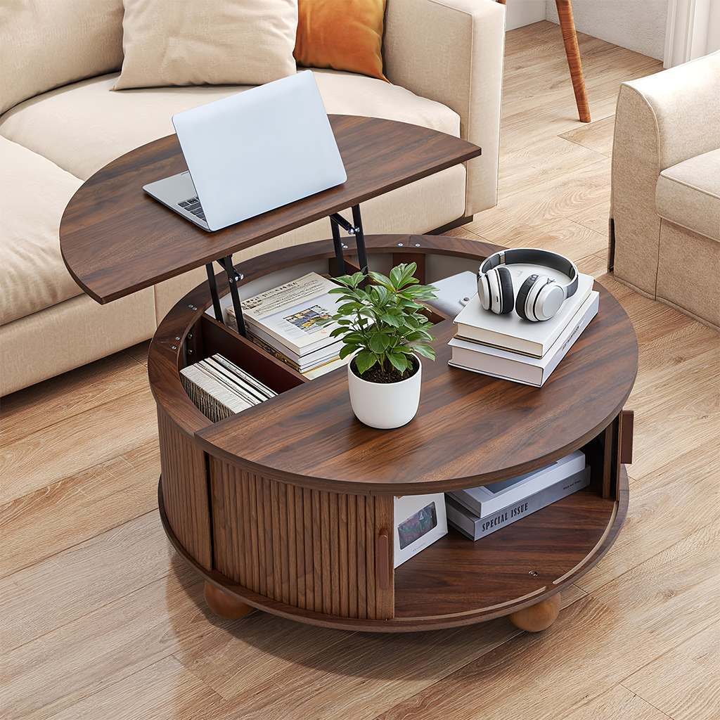Boho Round Lift Top Coffee Table With Tambour Door And Hidden Storage For Living Room