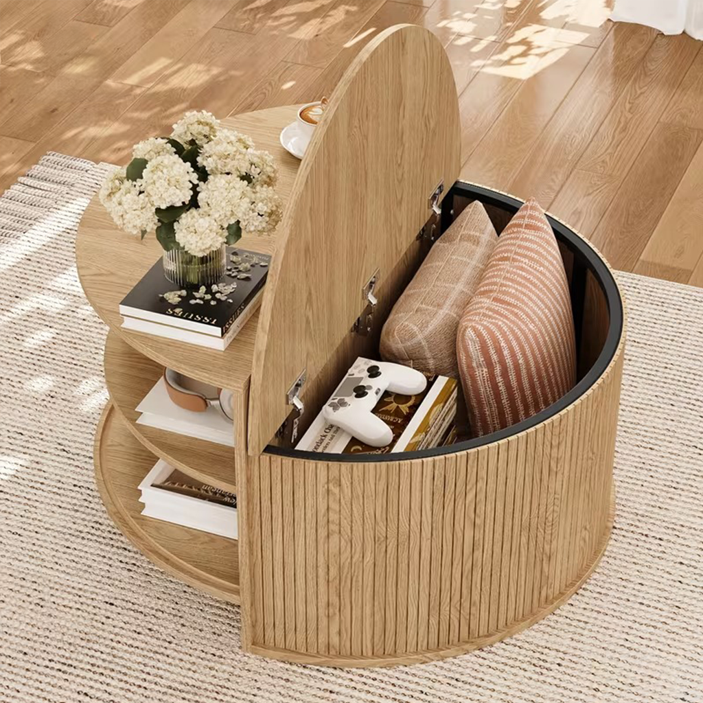 Modern Round Coffee Table With Flip Top Storage And Sliding Door Compartment For Living Room