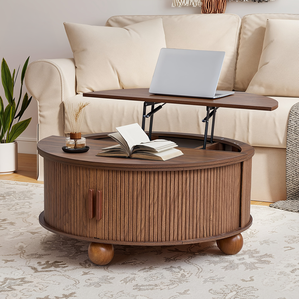 Boho Round Lift Top Coffee Table With Tambour Door And Hidden Storage For Living Room