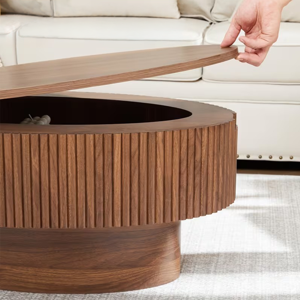 Mid Century Oval Coffee Table With Flip Top Hidden Storage And Fluted Base For Living Room