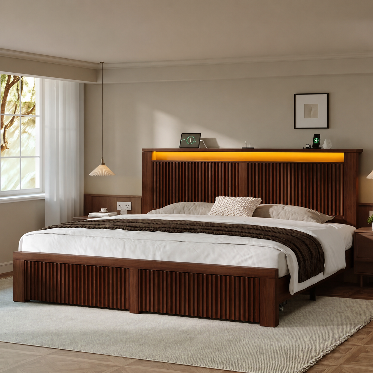 Country Rustic Platform Bed Frame With Slatted Headboard And Storage Drawers For Bedroom