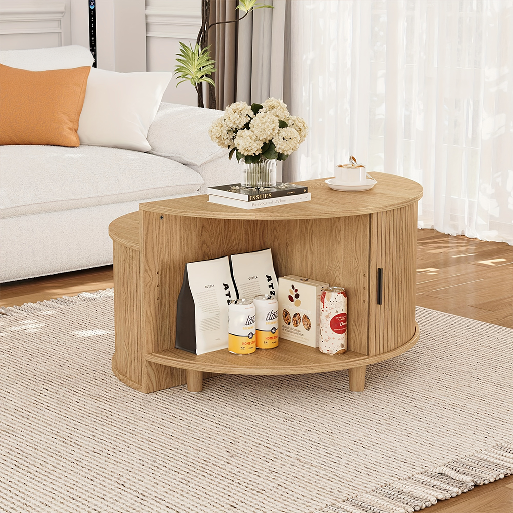 Modern Round Coffee Table With Flip Top Storage And Sliding Door Compartment For Living Room