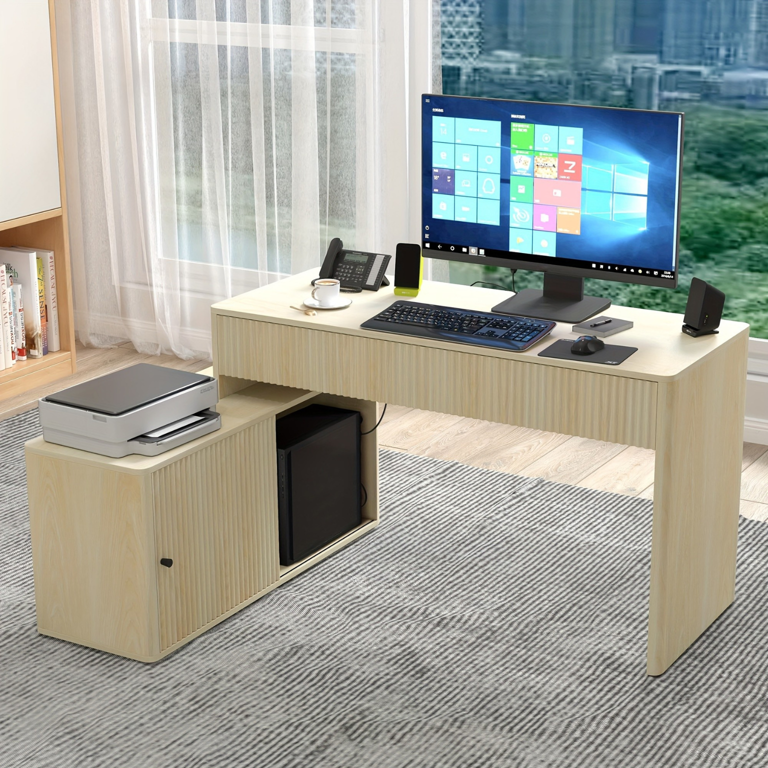 Modern L Shaped Corner Desk With Storage Cabinet And Shelves For Home Office