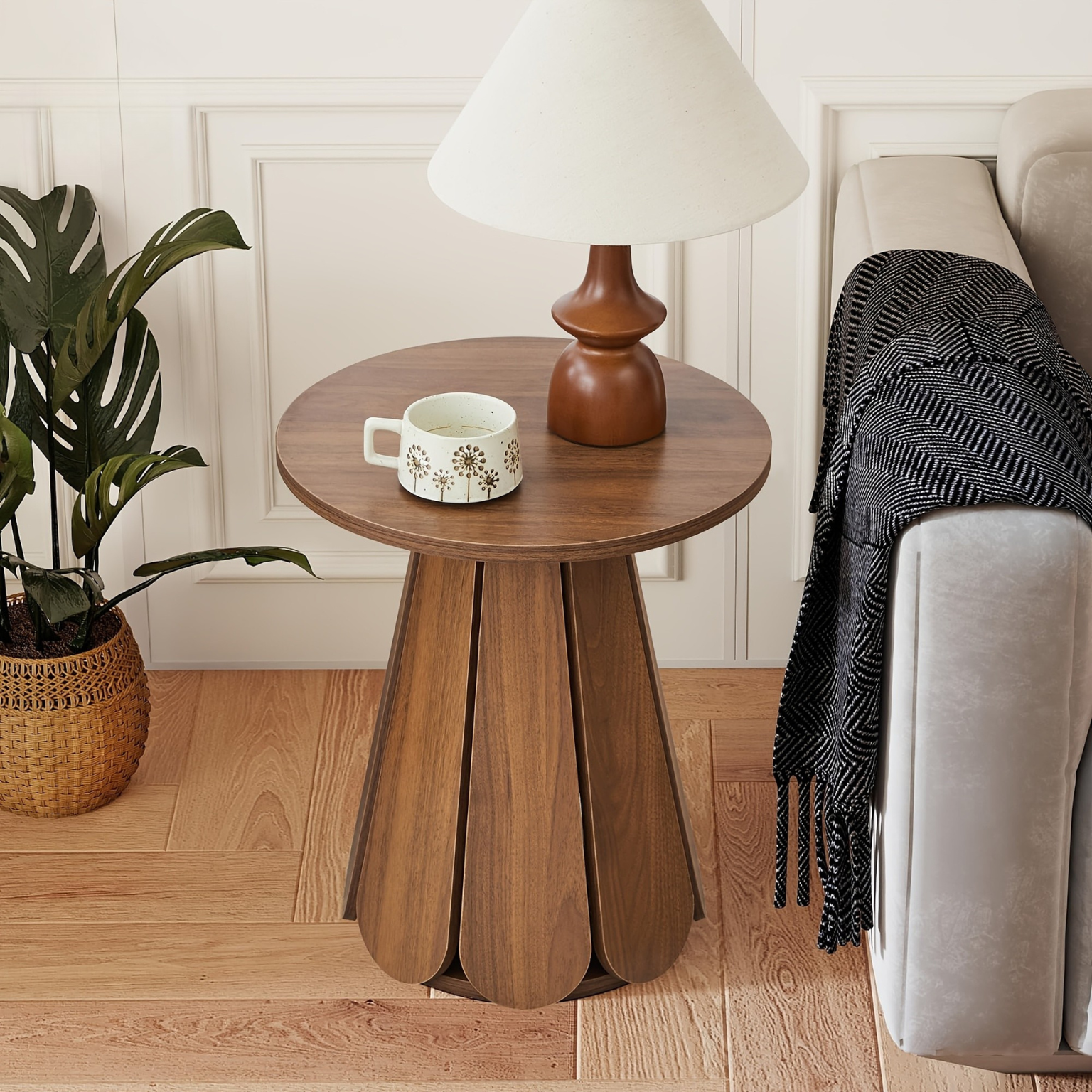 Mid Century Round Nightstand With Petal Pedestal Base For Bedroom And Living Room