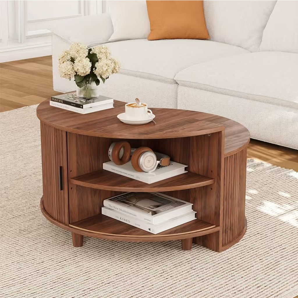 Modern Round Coffee Table With Flip Top Storage And Sliding Door Compartment For Living Room
