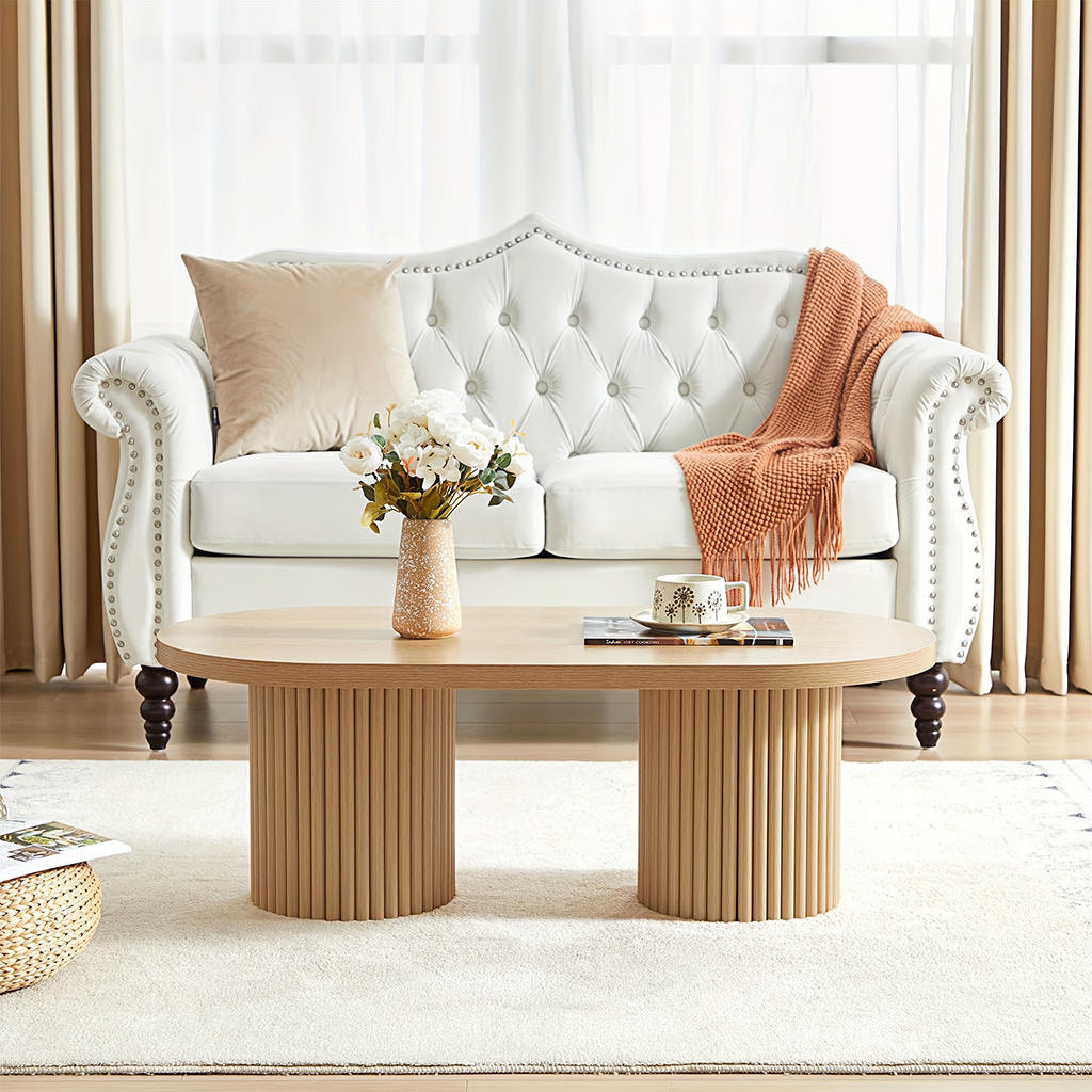 Mid Century Oval Coffee Table With Fluted Legs, Large Center Table For Living Room And Office Lounge