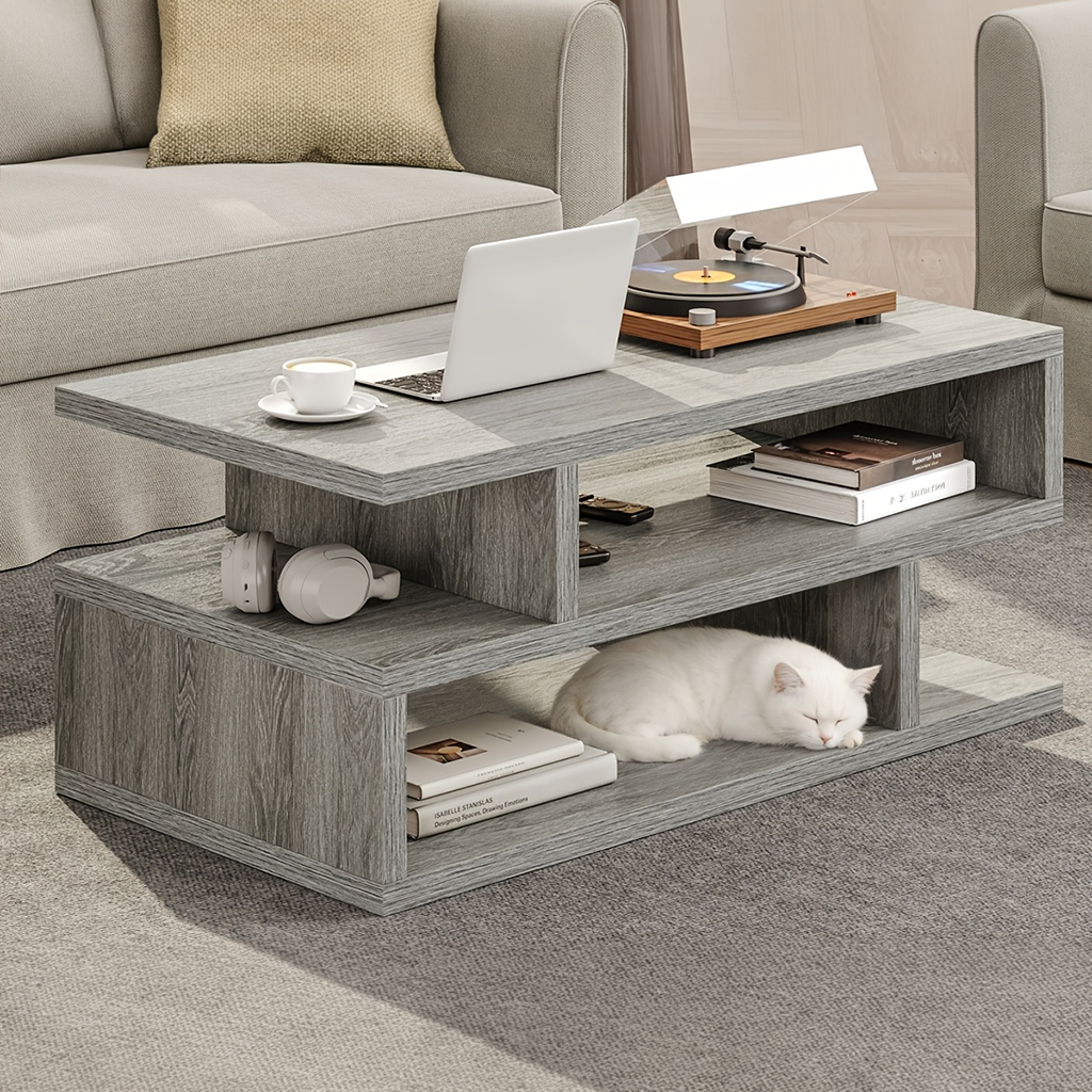 Modern Rectangular Coffee Table With Open Storage Shelves For Living Room