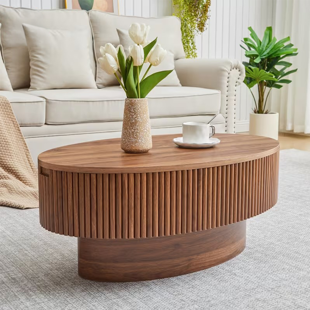 Mid Century Oval Coffee Table With Flip Top Hidden Storage And Fluted Base For Living Room