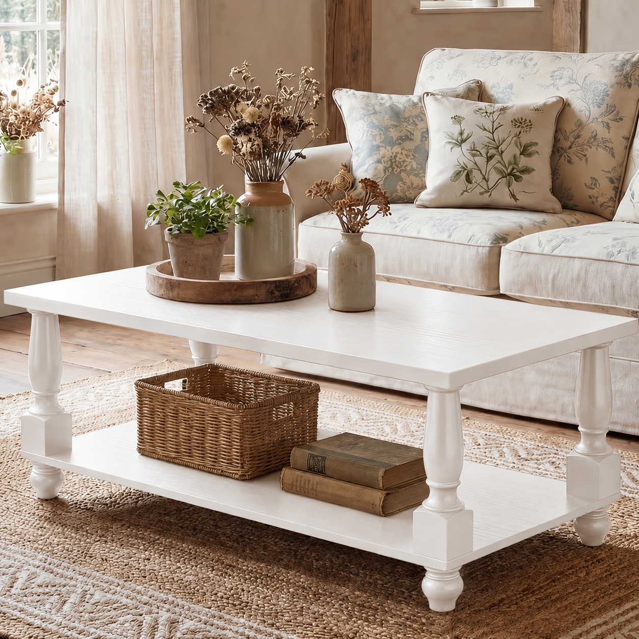 Farmhouse Rectangular Coffee Table With Turned Legs And Lower Storage Shelf For Living Room