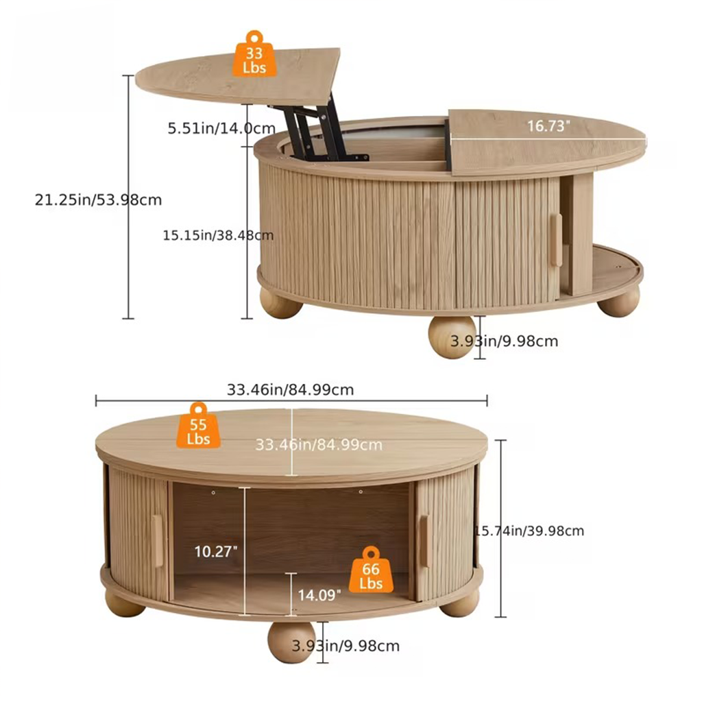Boho Round Lift Top Coffee Table With Tambour Door And Hidden Storage For Living Room
