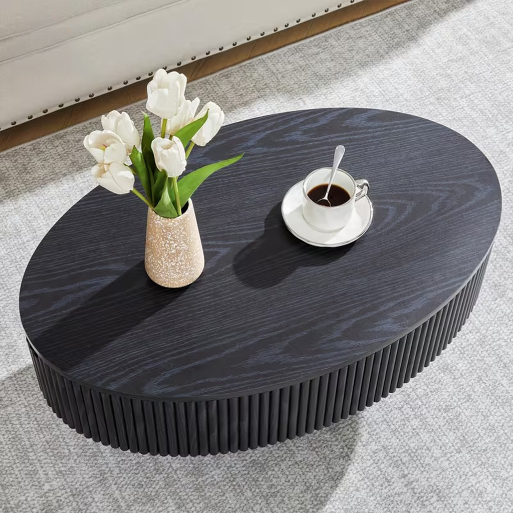 Mid Century Oval Coffee Table With Flip Top Hidden Storage And Fluted Base For Living Room