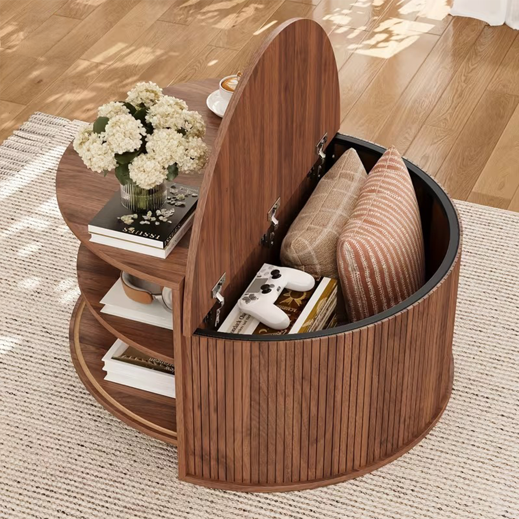 Modern Round Coffee Table With Flip Top Storage And Sliding Door Compartment For Living Room