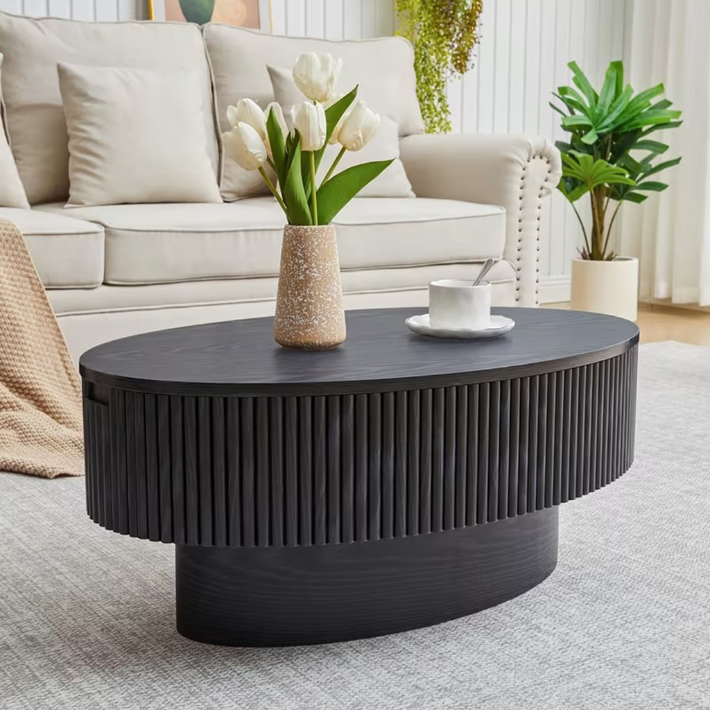 Mid Century Oval Coffee Table With Flip Top Hidden Storage And Fluted Base For Living Room