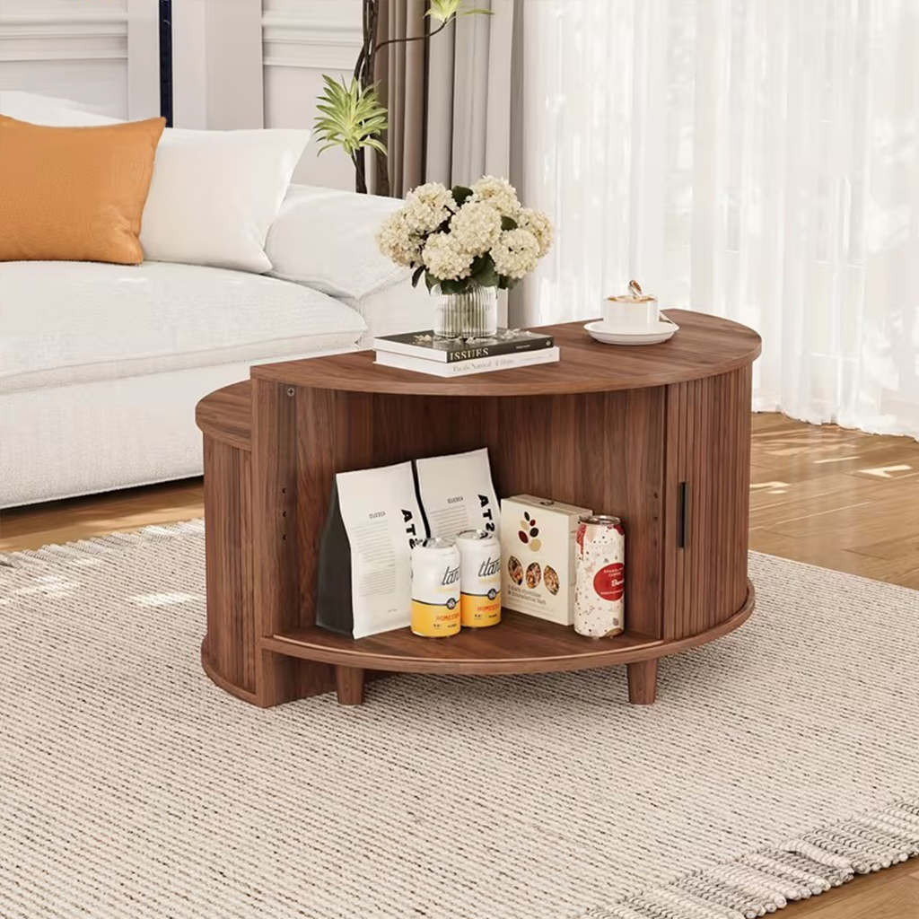 Modern Round Coffee Table With Flip Top Storage And Sliding Door Compartment For Living Room