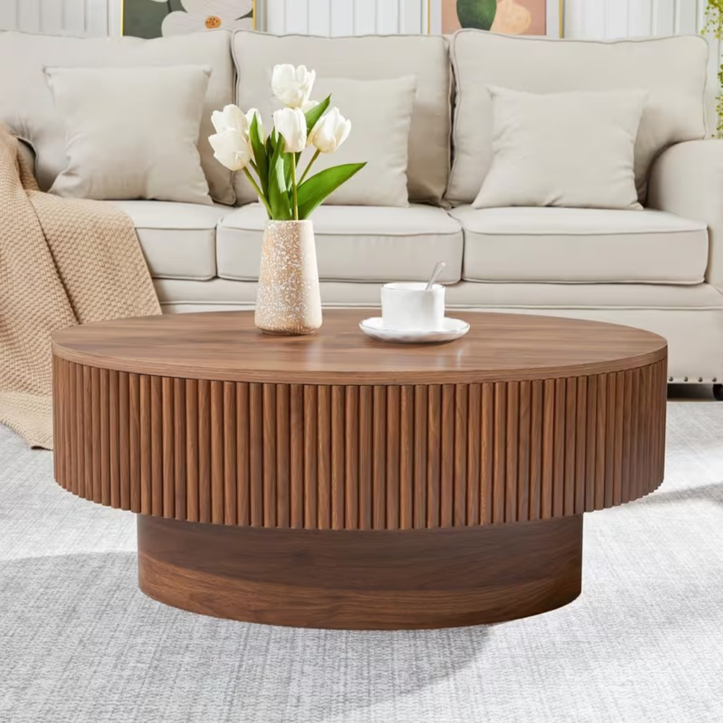 Mid Century Oval Coffee Table With Flip Top Hidden Storage And Fluted Base For Living Room