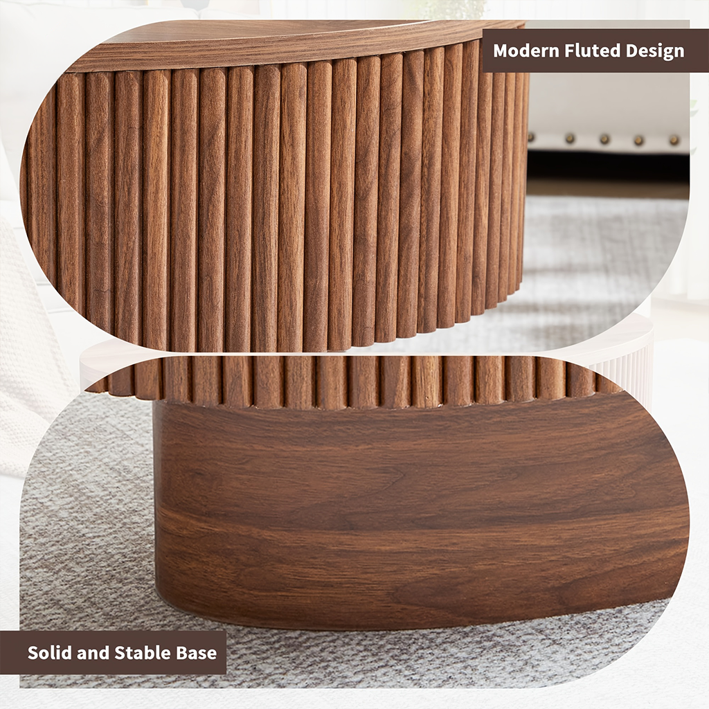 Mid Century Oval Coffee Table With Flip Top Hidden Storage And Fluted Base For Living Room