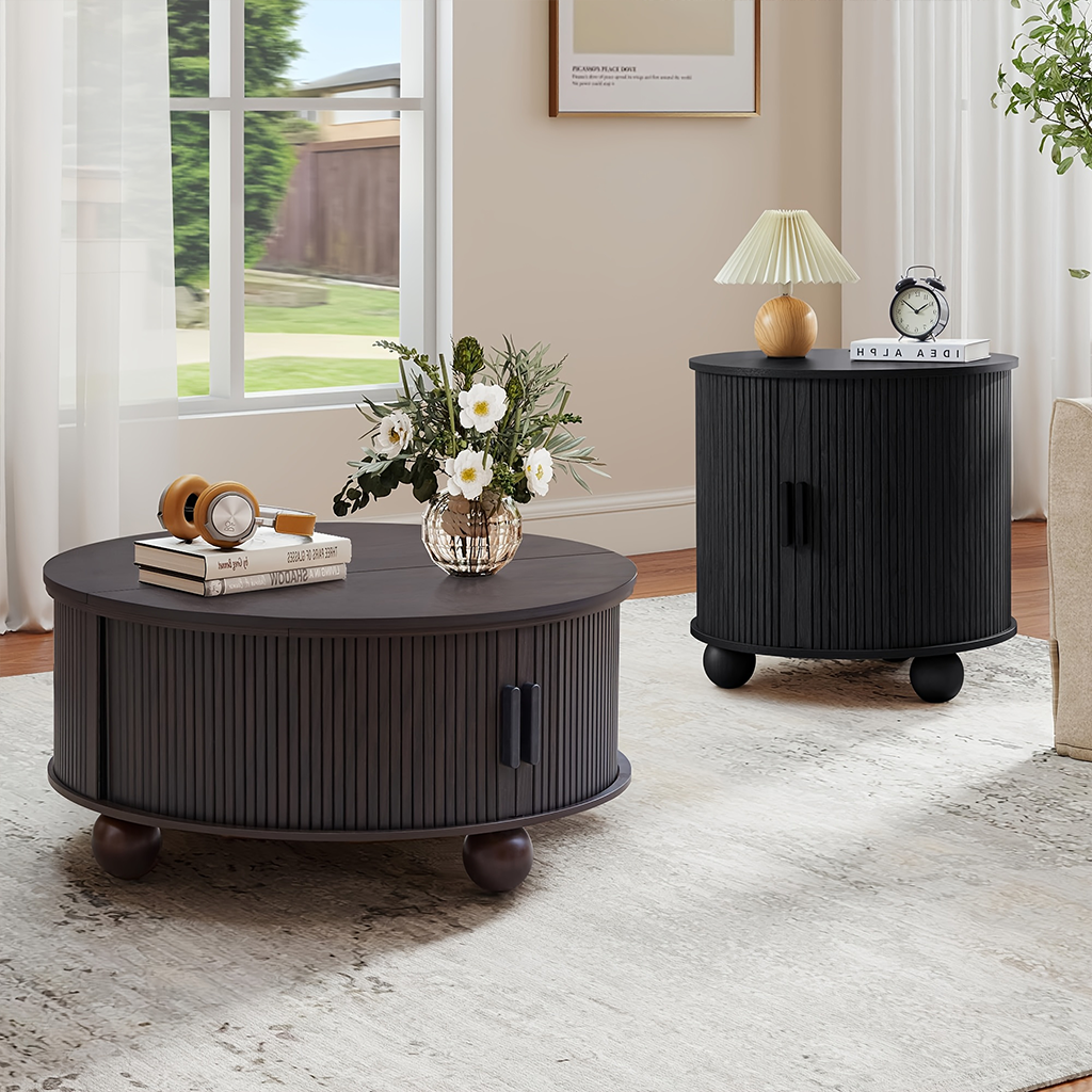 Boho Round Lift Top Coffee Table With Tambour Door And Hidden Storage For Living Room