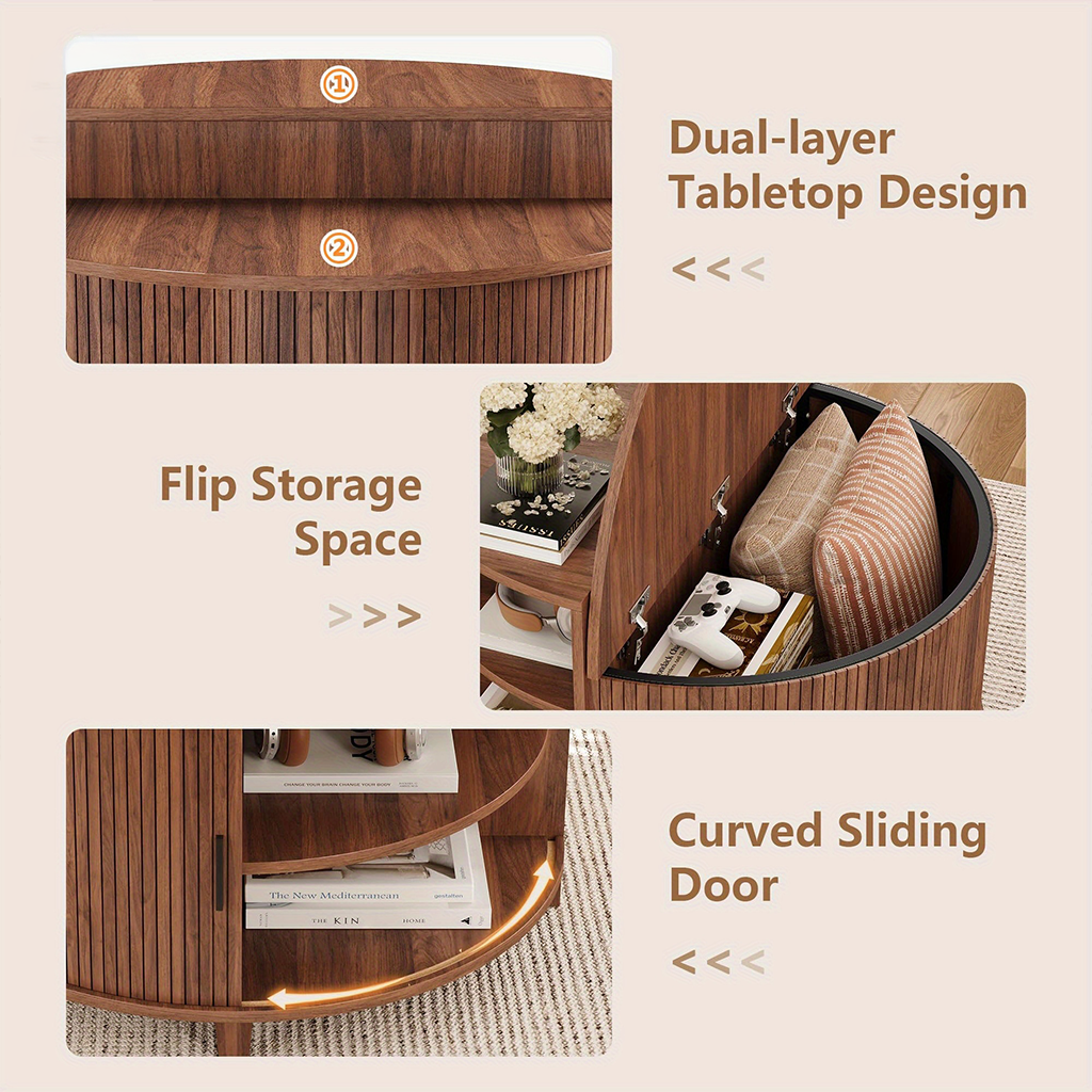 Modern Round Coffee Table With Flip Top Storage And Sliding Door Compartment For Living Room