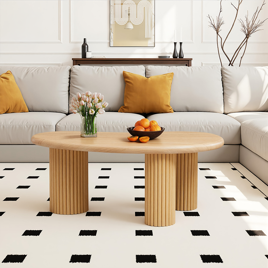 Modern Coffee Table With Rounded Tabletop And Fluted Legs For Living Room