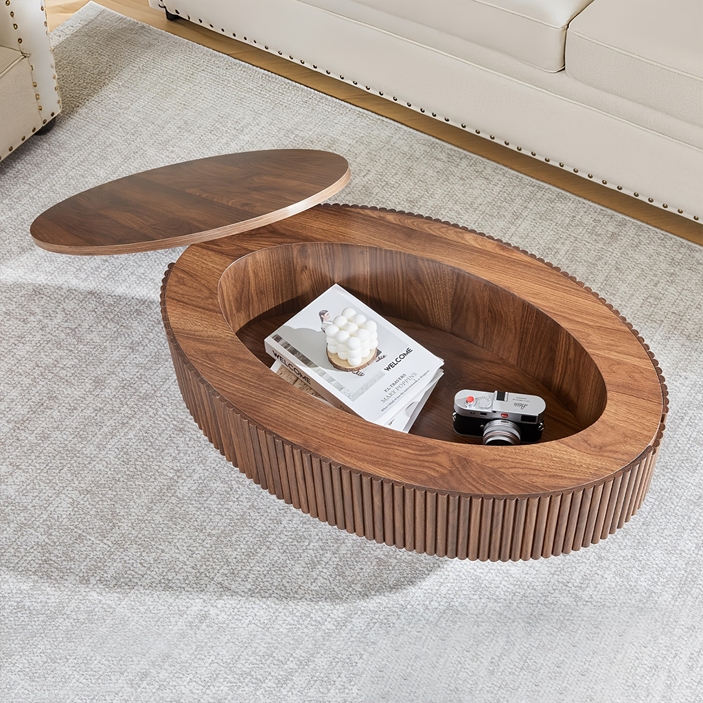 Mid Century Oval Coffee Table With Flip Top Hidden Storage And Fluted Base For Living Room