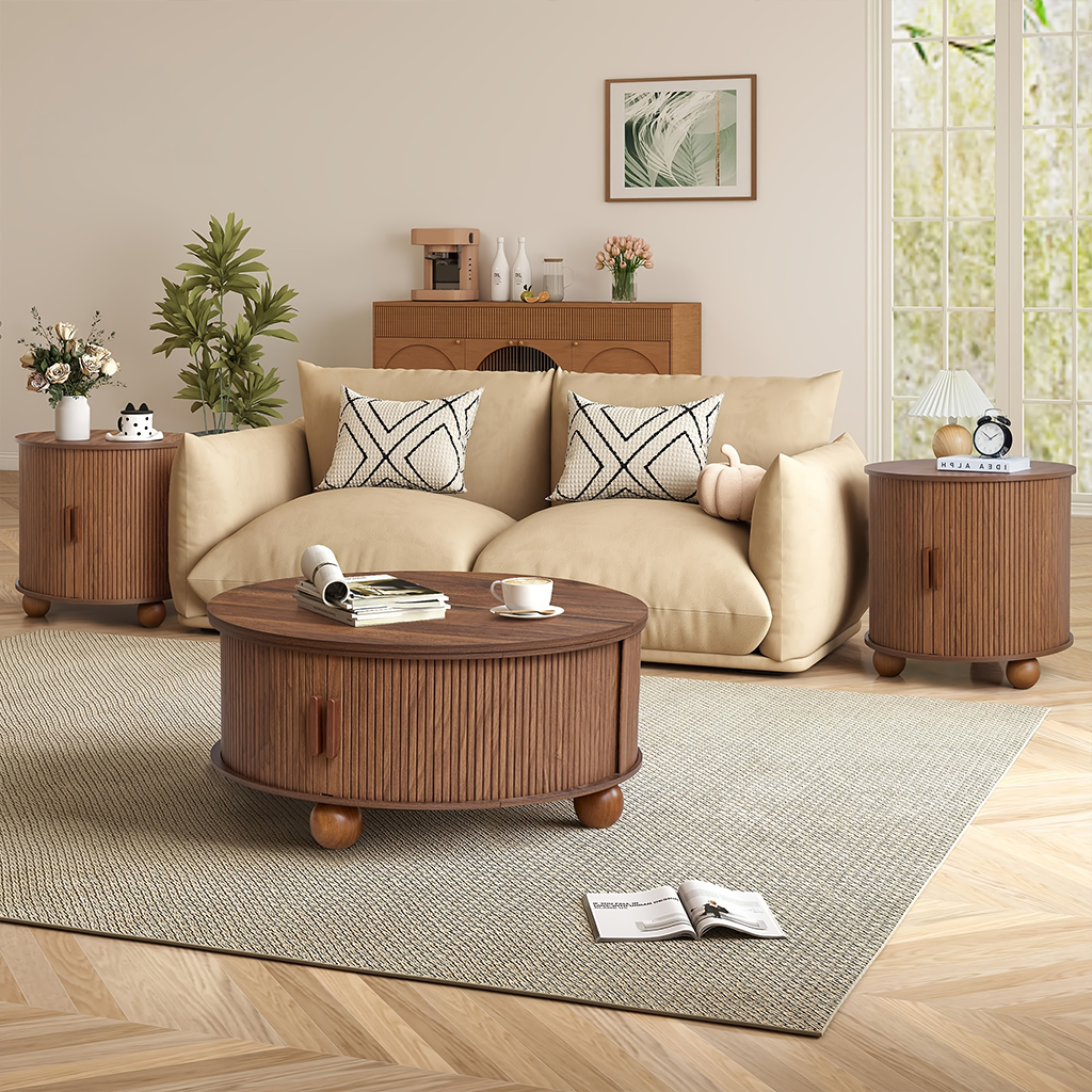 Boho Round Lift Top Coffee Table With Tambour Door And Hidden Storage For Living Room