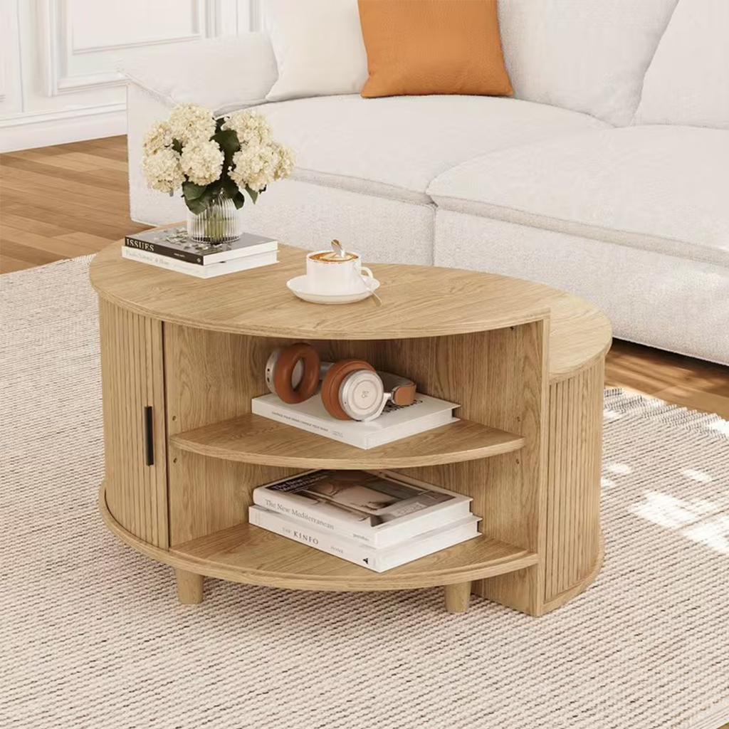 Modern Round Coffee Table With Flip Top Storage And Sliding Door Compartment For Living Room