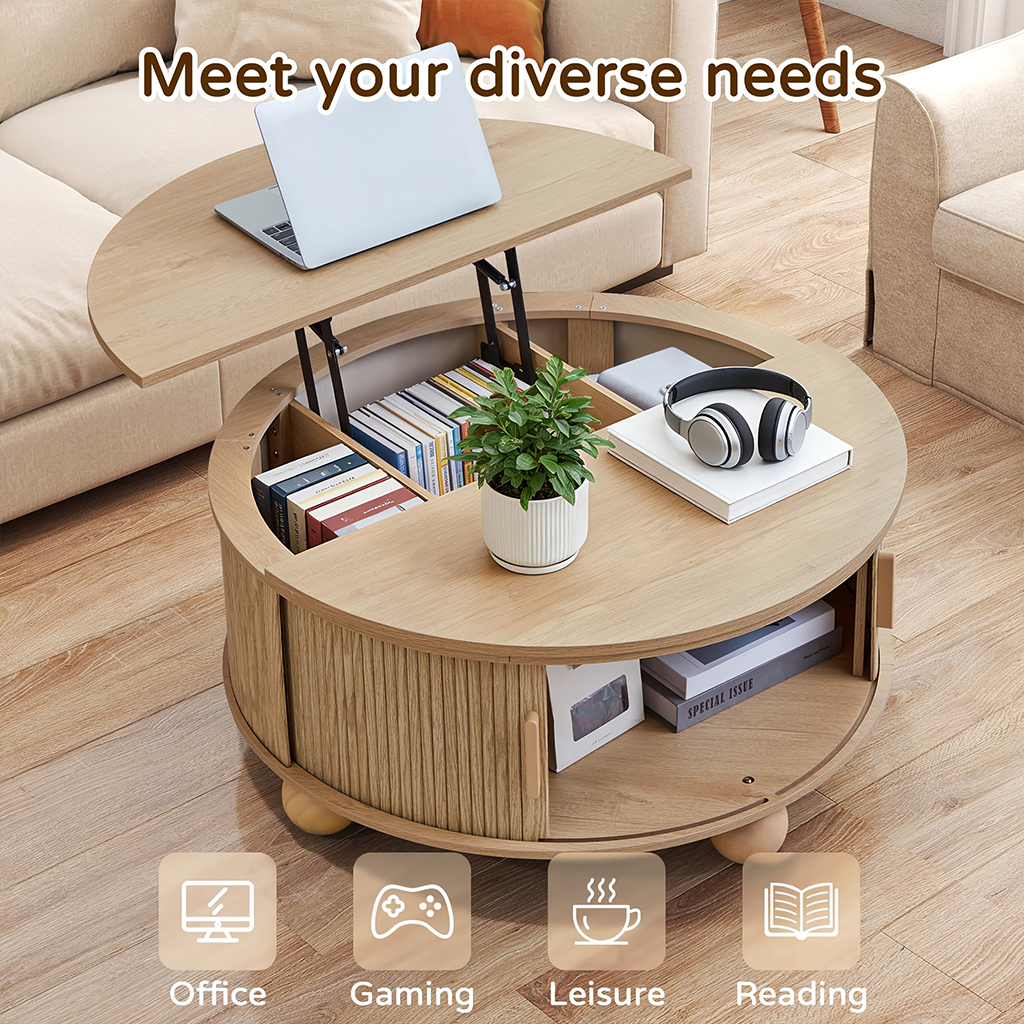 Boho Round Lift Top Coffee Table With Tambour Door And Hidden Storage For Living Room
