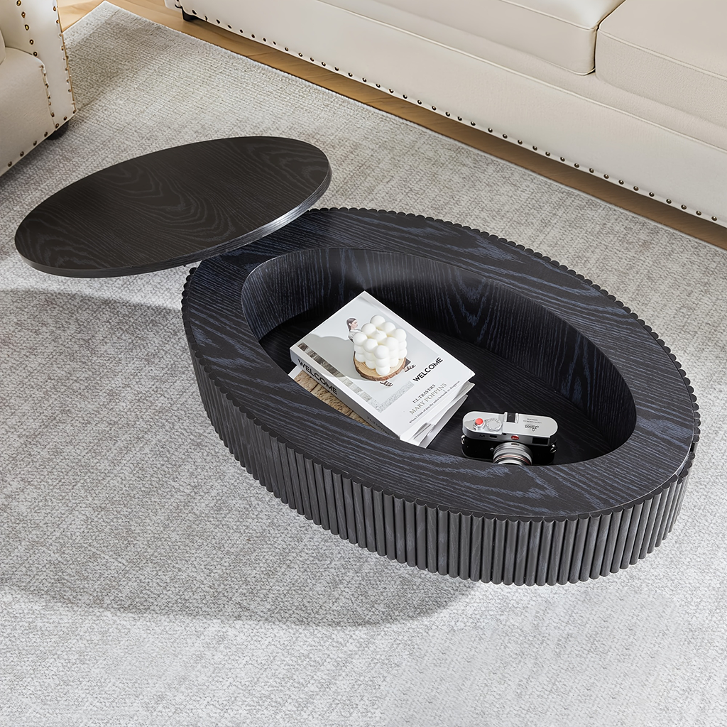 Mid Century Oval Coffee Table With Flip Top Hidden Storage And Fluted Base For Living Room