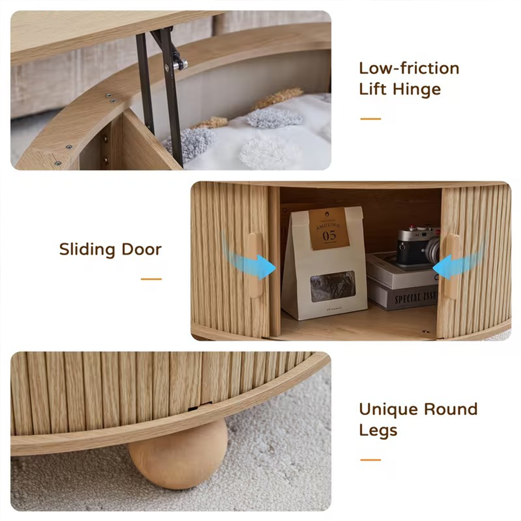 Boho Round Lift Top Coffee Table With Tambour Door And Hidden Storage For Living Room