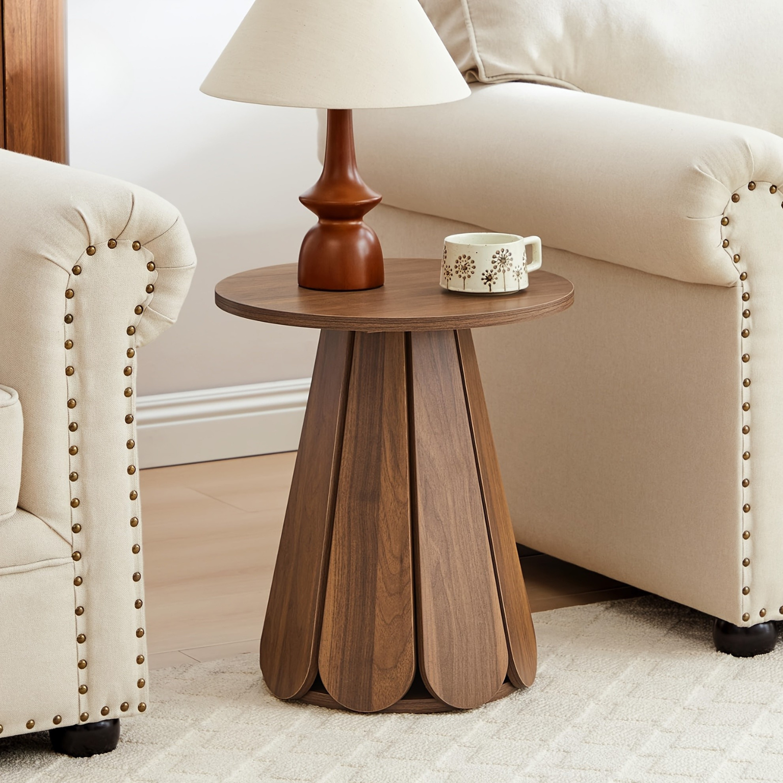 Mid Century Round Nightstand With Petal Pedestal Base For Bedroom And Living Room