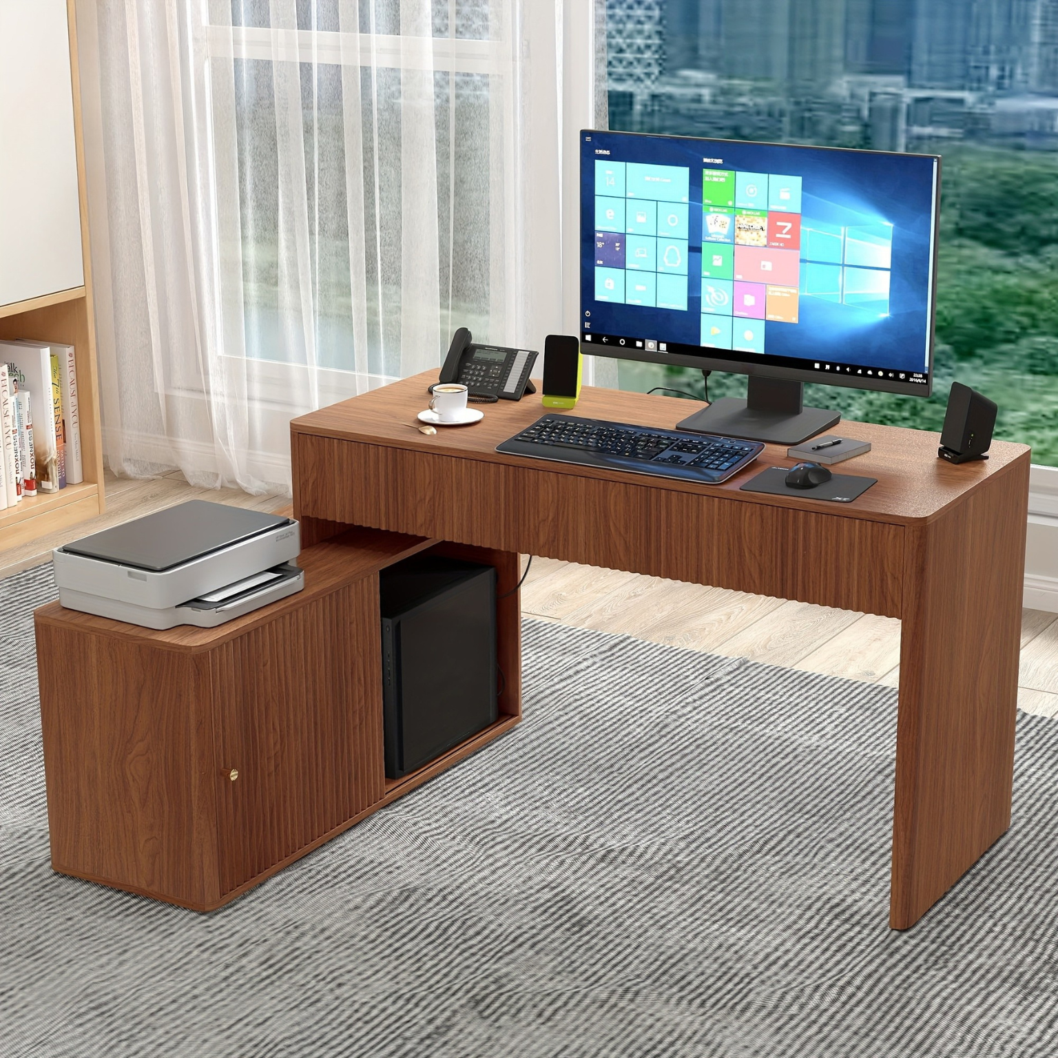 Modern L Shaped Corner Desk With Storage Cabinet And Shelves For Home Office