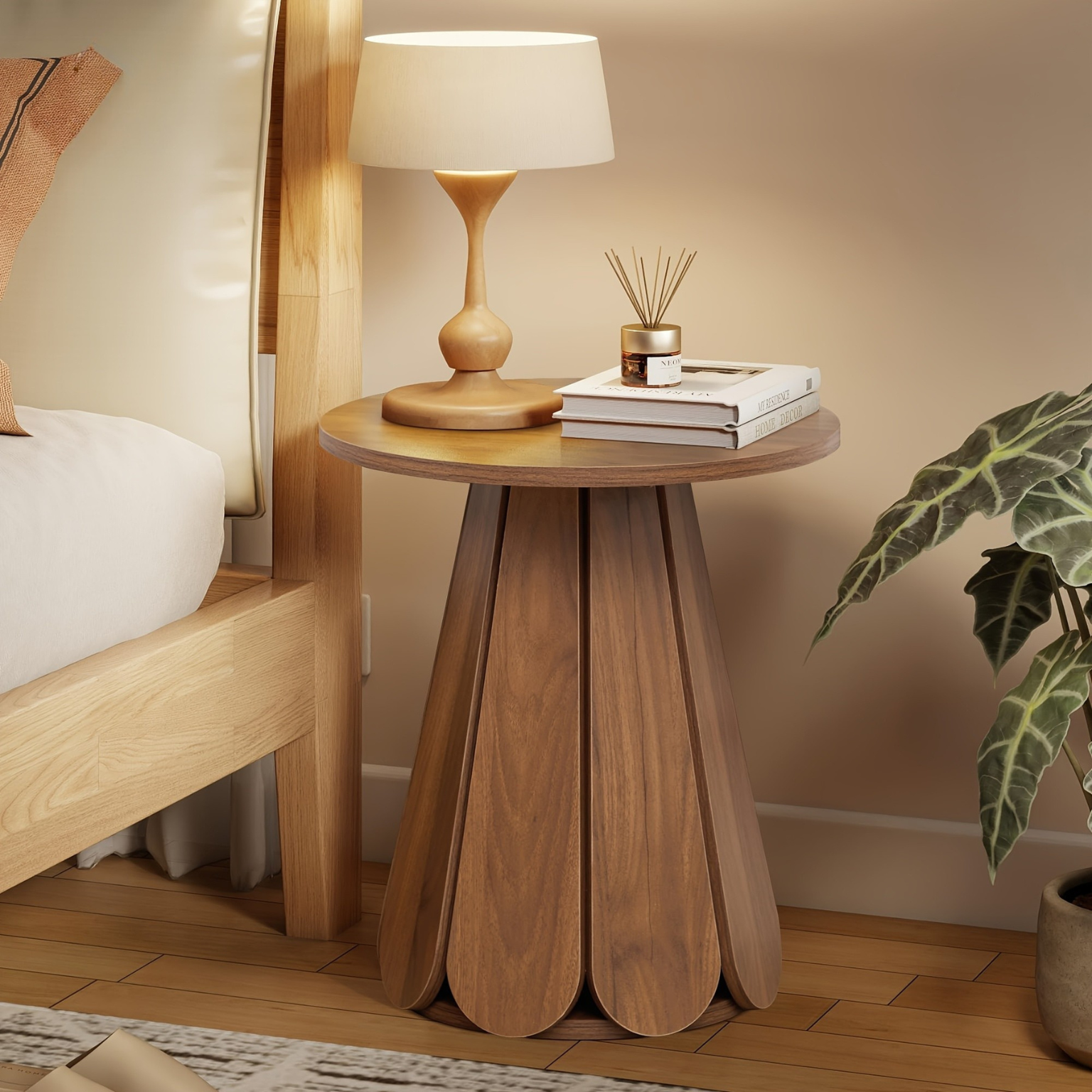 Mid Century Round Nightstand With Petal Pedestal Base For Bedroom And Living Room