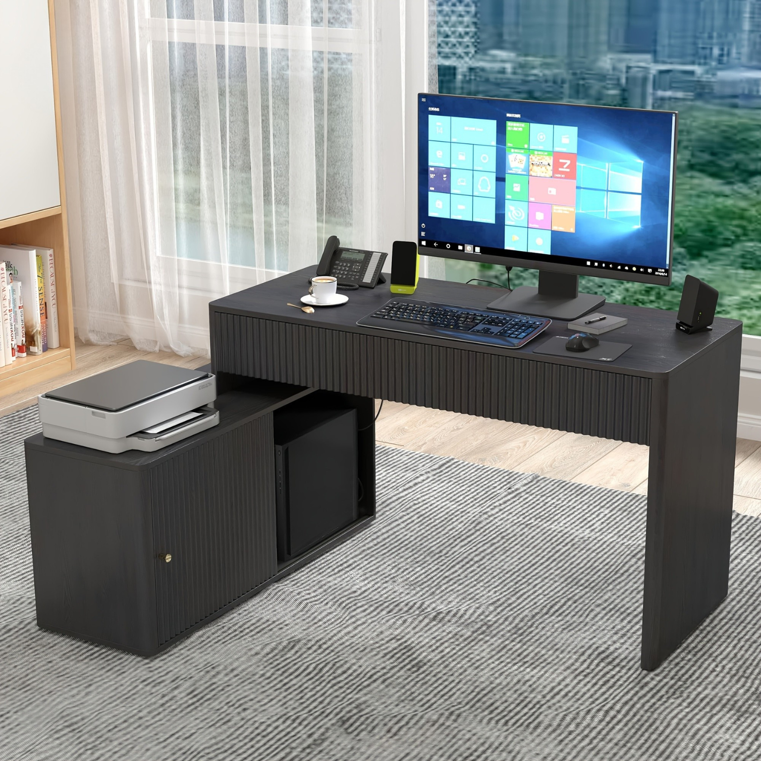 Modern L Shaped Corner Desk With Storage Cabinet And Shelves For Home Office