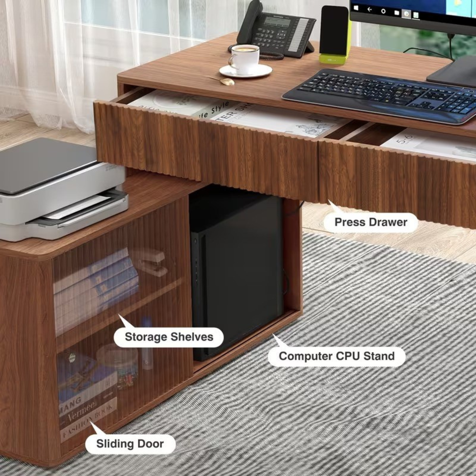 Modern L Shaped Corner Desk With Storage Cabinet And Shelves For Home Office