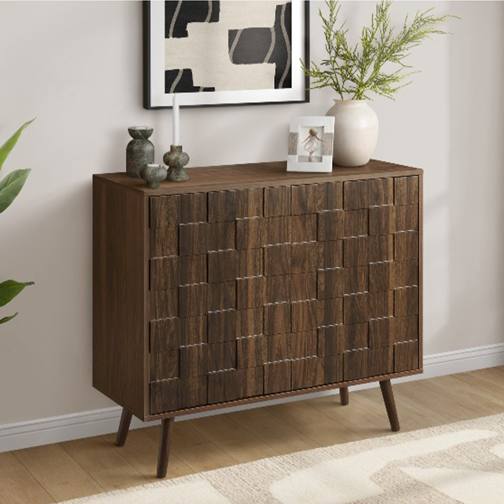 Classic Accent Storage Cabinet With Geometric Fluted Doors And Adjustable Shelf For Living Room